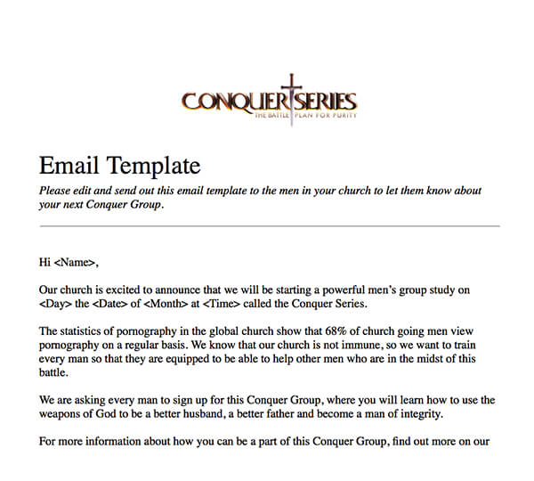 Use this email template to invite men to your Conquer Series group
